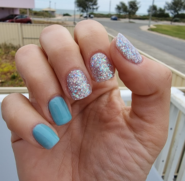 manicure featuring Don&#39;t be a Duck-Egg and Aurora glitter dip powder