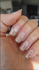 Video of a manicure showing Affluent Rose Gold Glitter dip powder